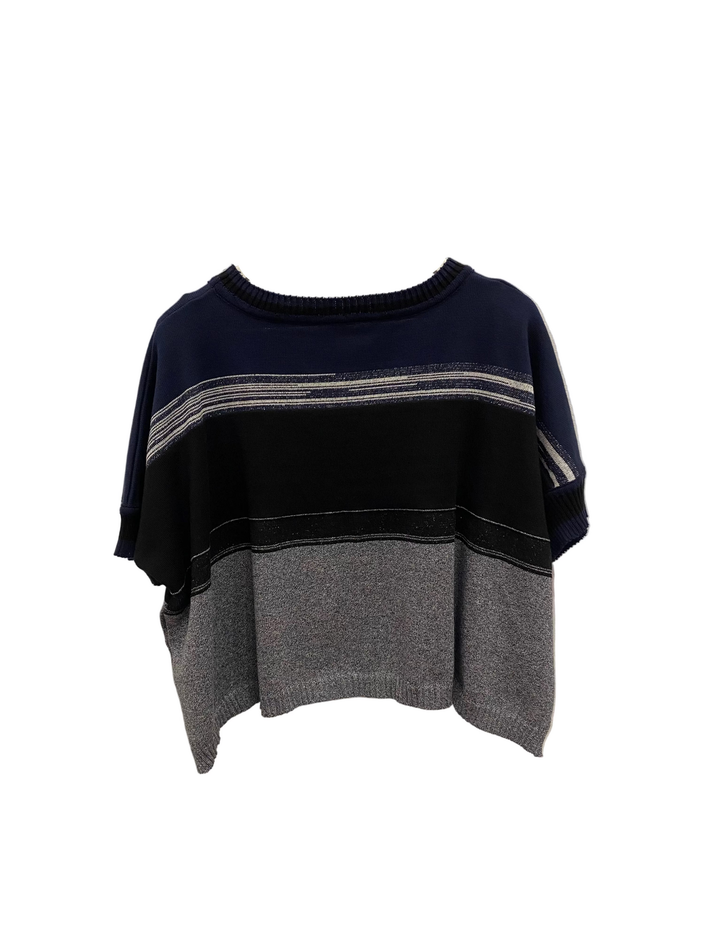 Back of top is Navy, black and grey marled stripe.
