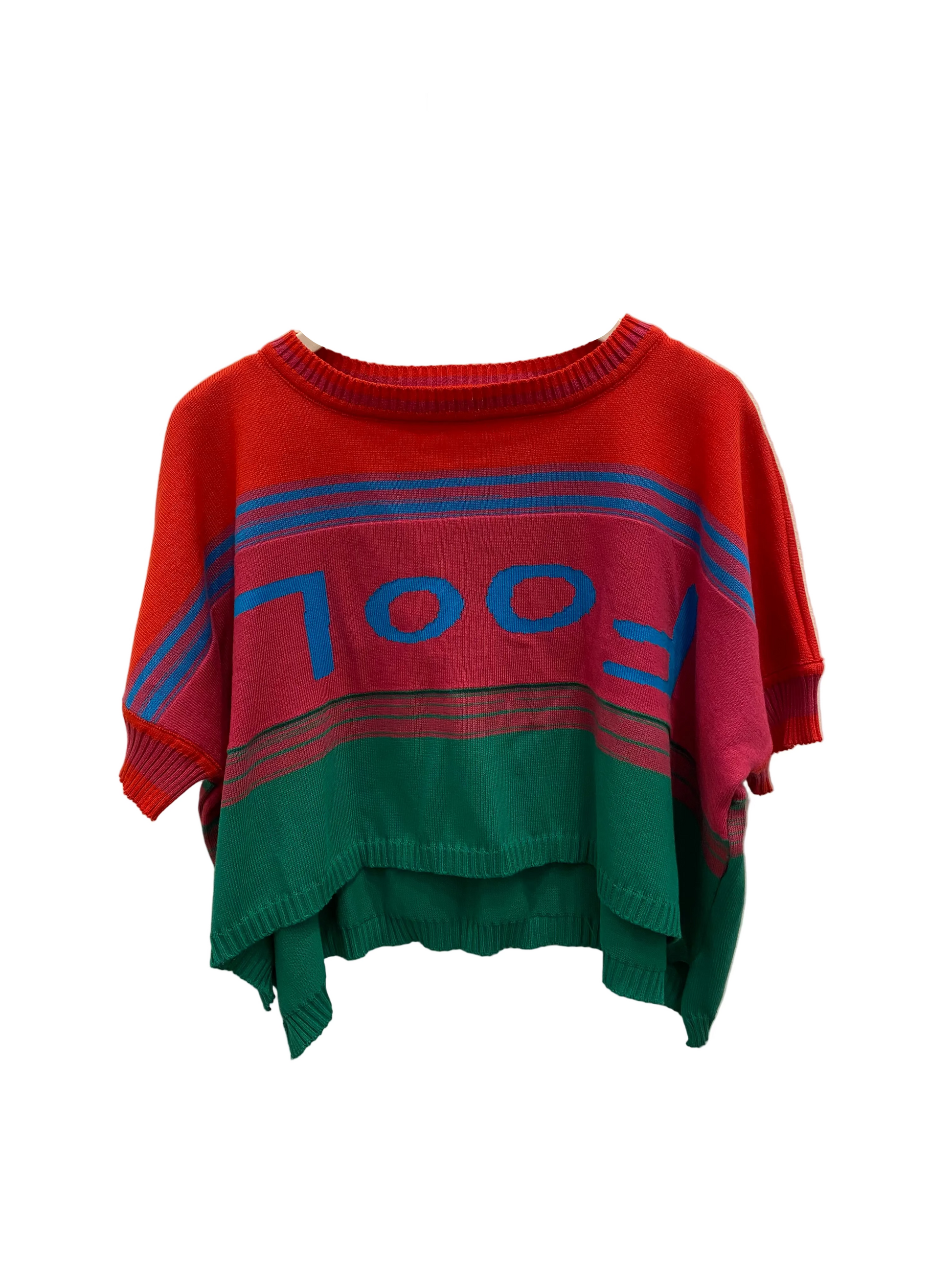 Red, fuschia, green marled stripe body with upside down topaz FOOL font on front of knit top.