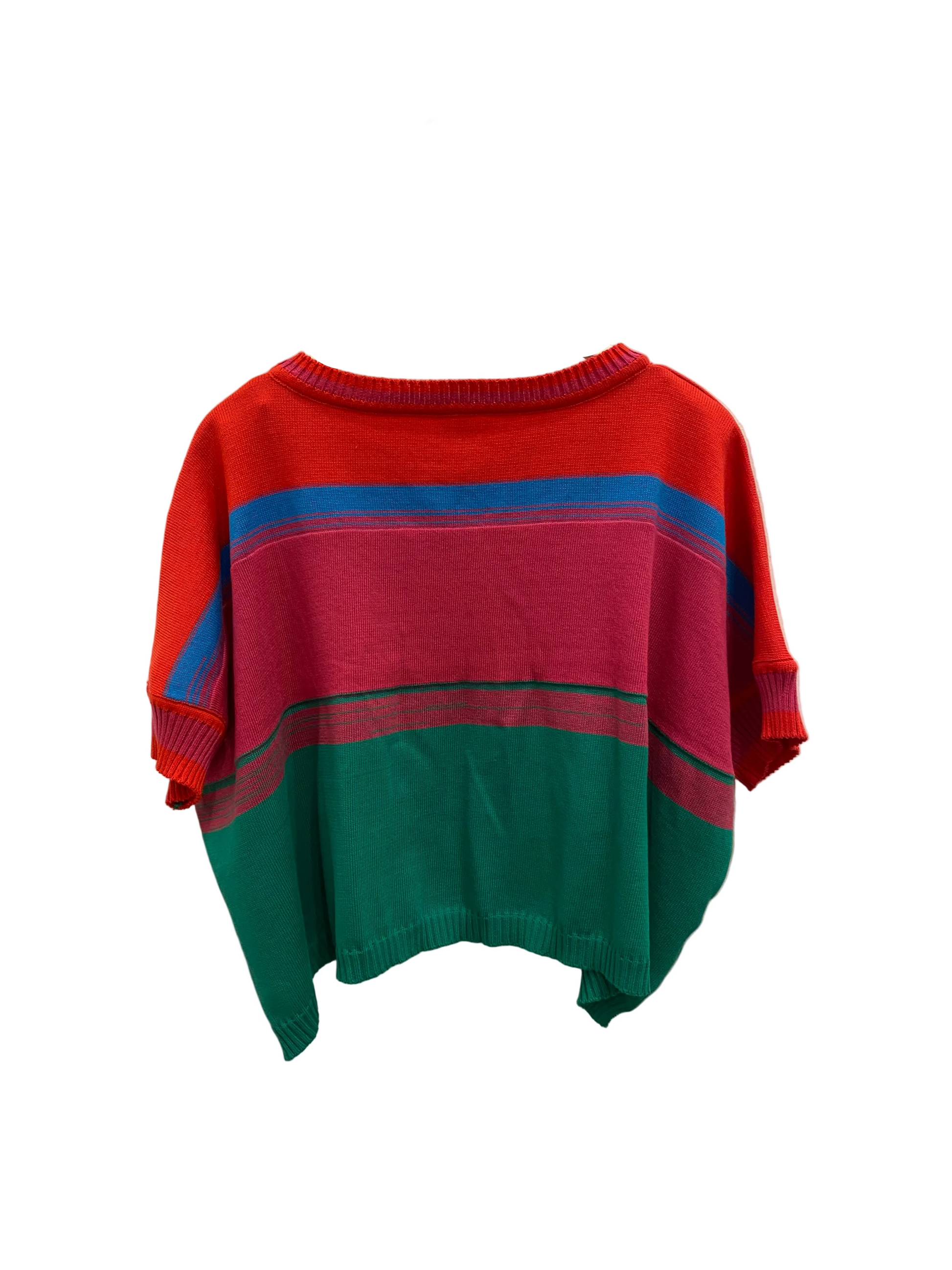 back of knit top Red, fuschia, green marled stripe body