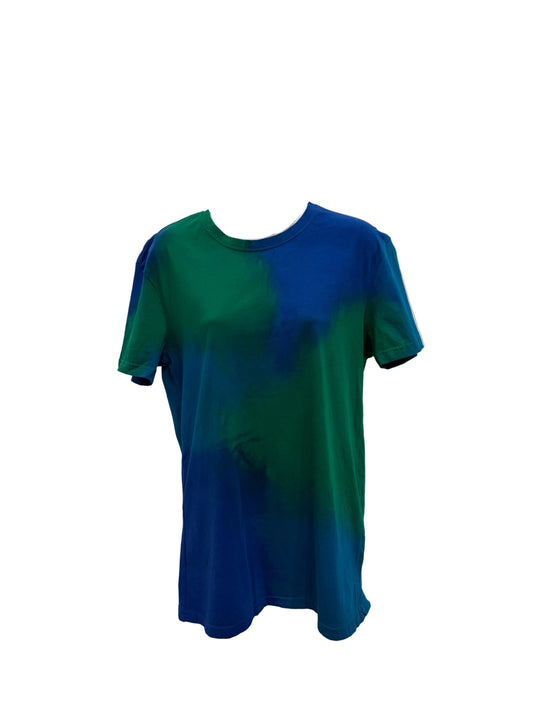 A short-sleeve crewneck t-shirt with a green turquoise and blue gradient hand painted pattern, displayed on a white mannequin torso against a white wall.