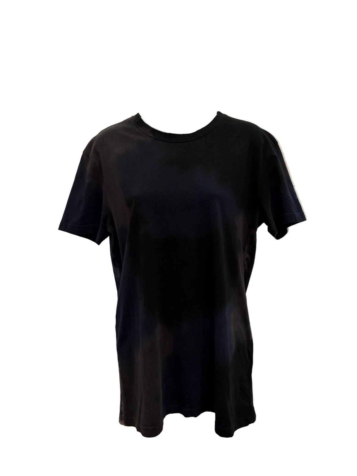 A black hand painted short-sleeve crewneck t-shirt displayed on a  mannequin torso against a  white wall.