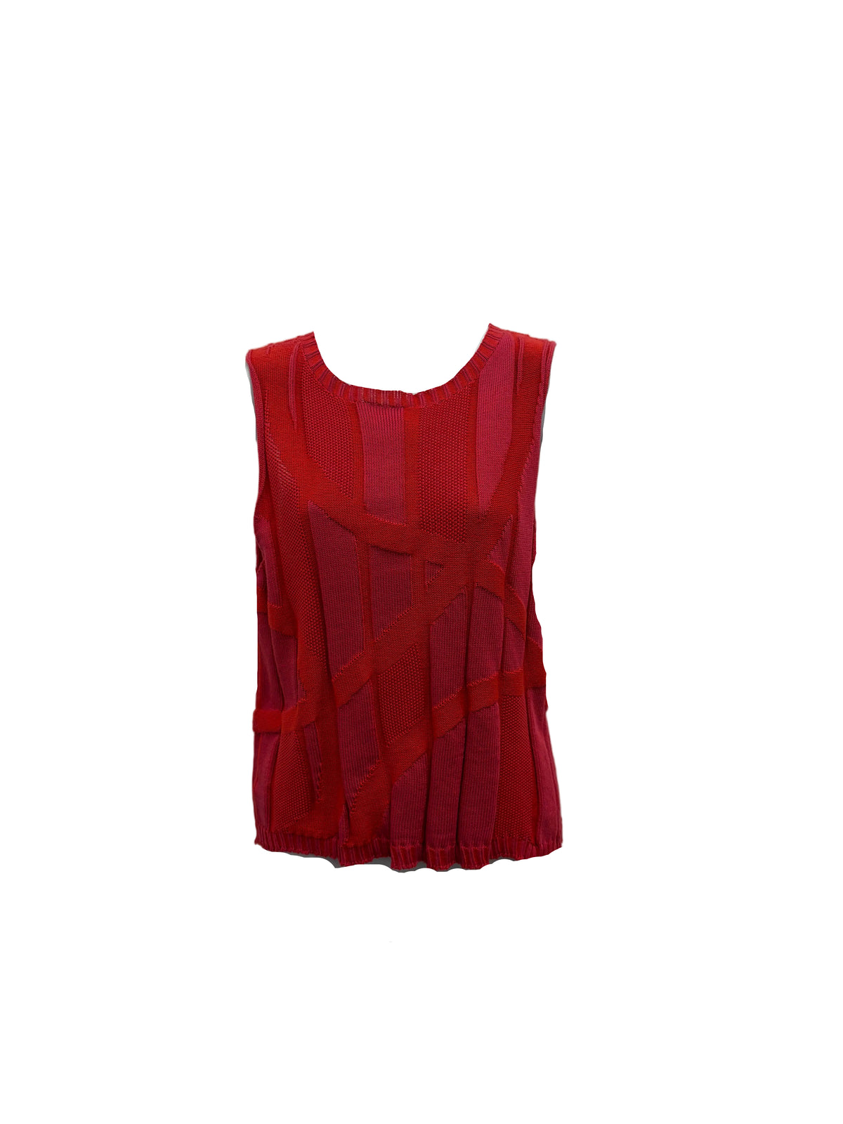 A sleeveless red and pink machione knit cotton top with curved and striped textured details.