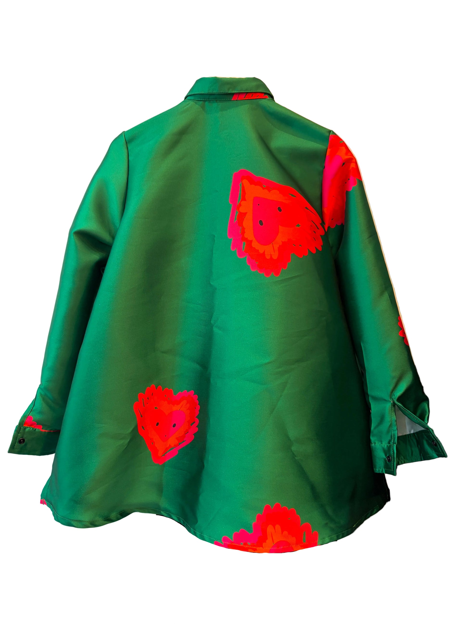 A green satin-like long-sleeve shirt shown from the back, featuring large red and pink fire heart print.