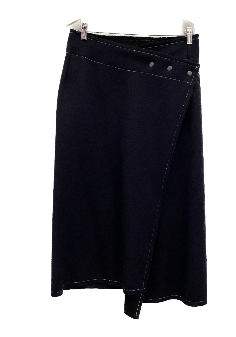 Navy Wrap Stud Wool Skirt